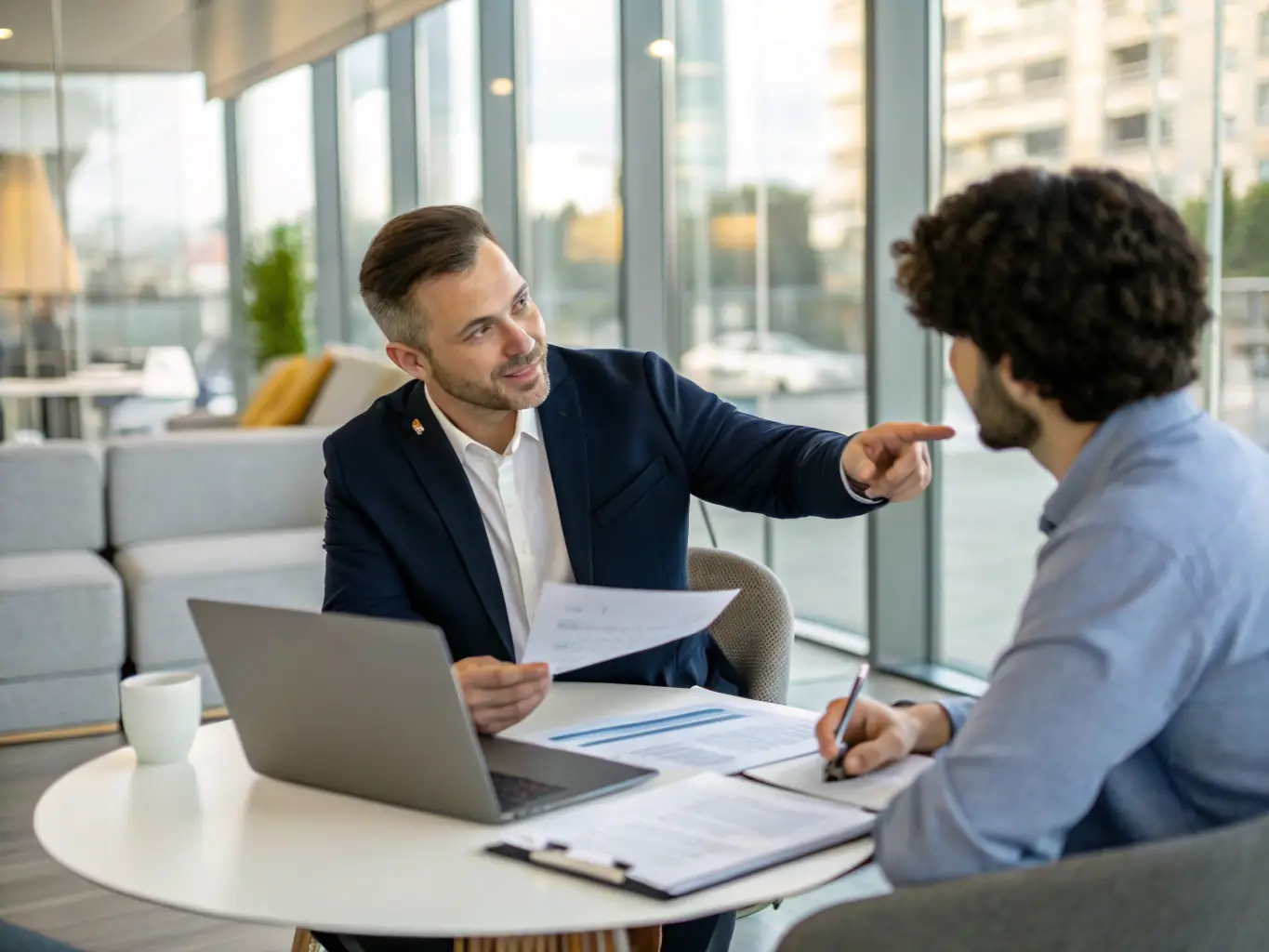 Consultant discussing visa application details with a client in a modern office.