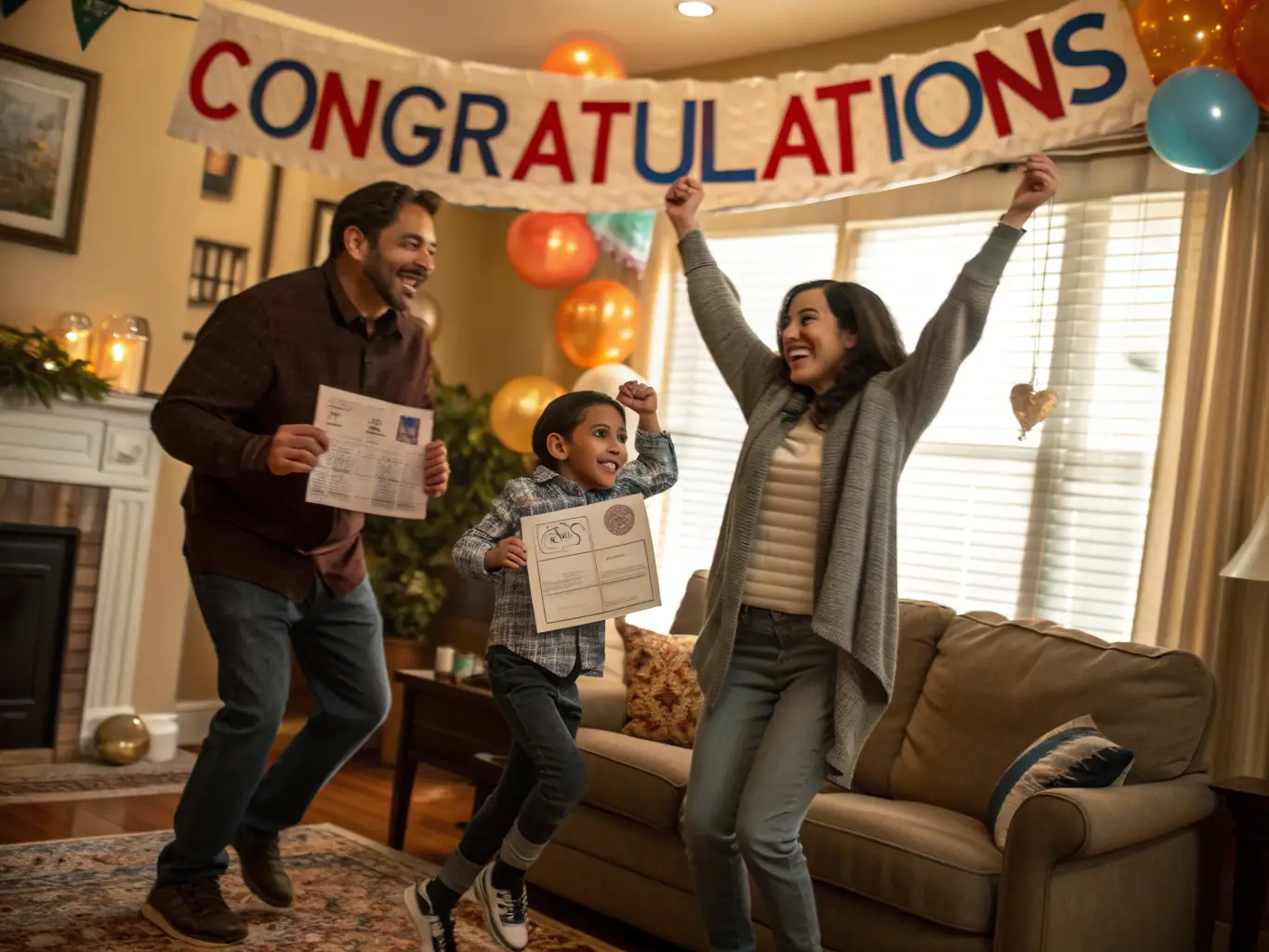 Family celebrating their new permanent residency in a cozy living room.