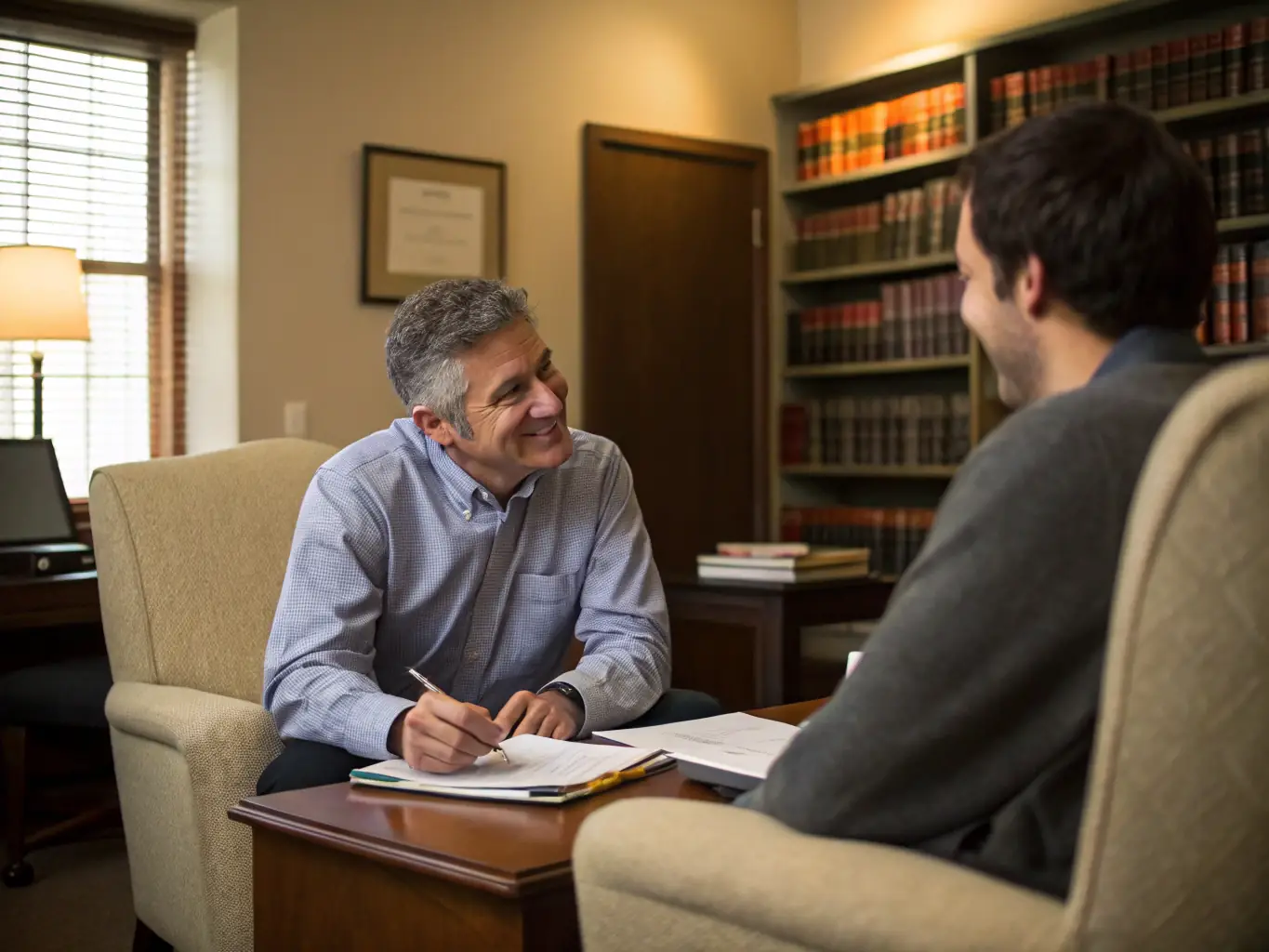 Consultant explaining citizenship process steps to a client in a professional office.