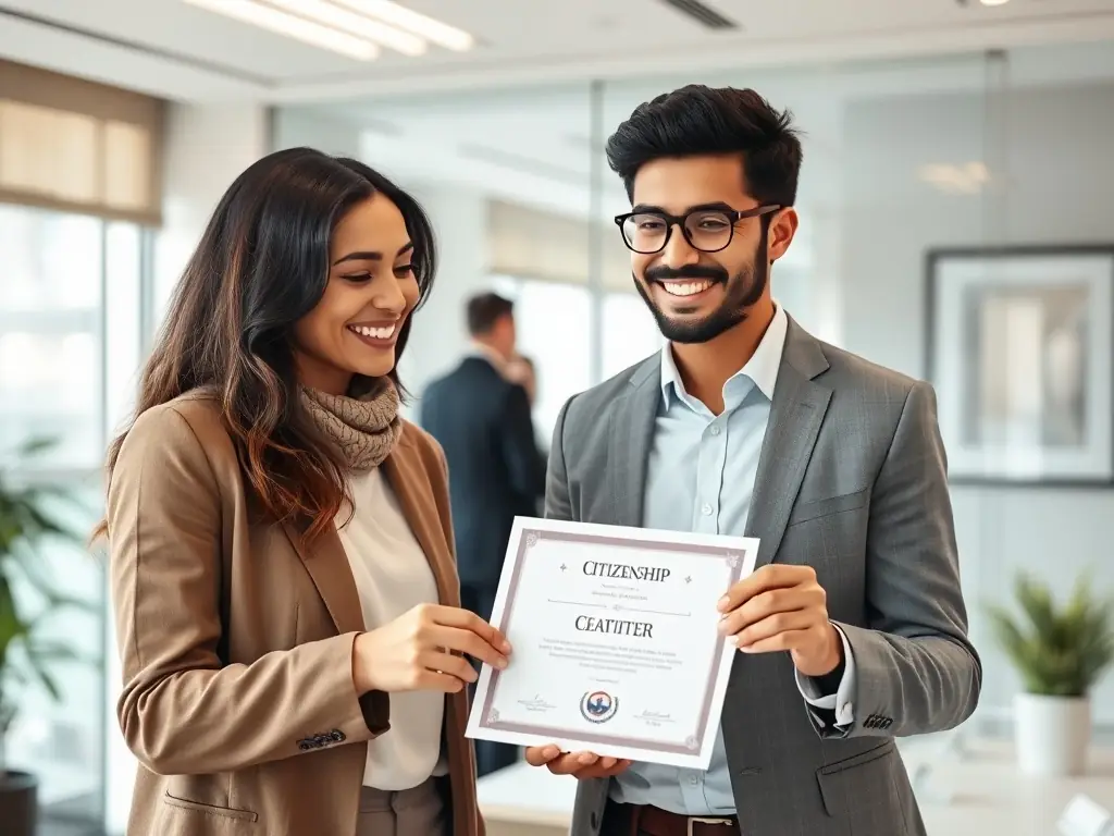 An individual proudly holding their citizenship certificate with a consultant in a formal office.