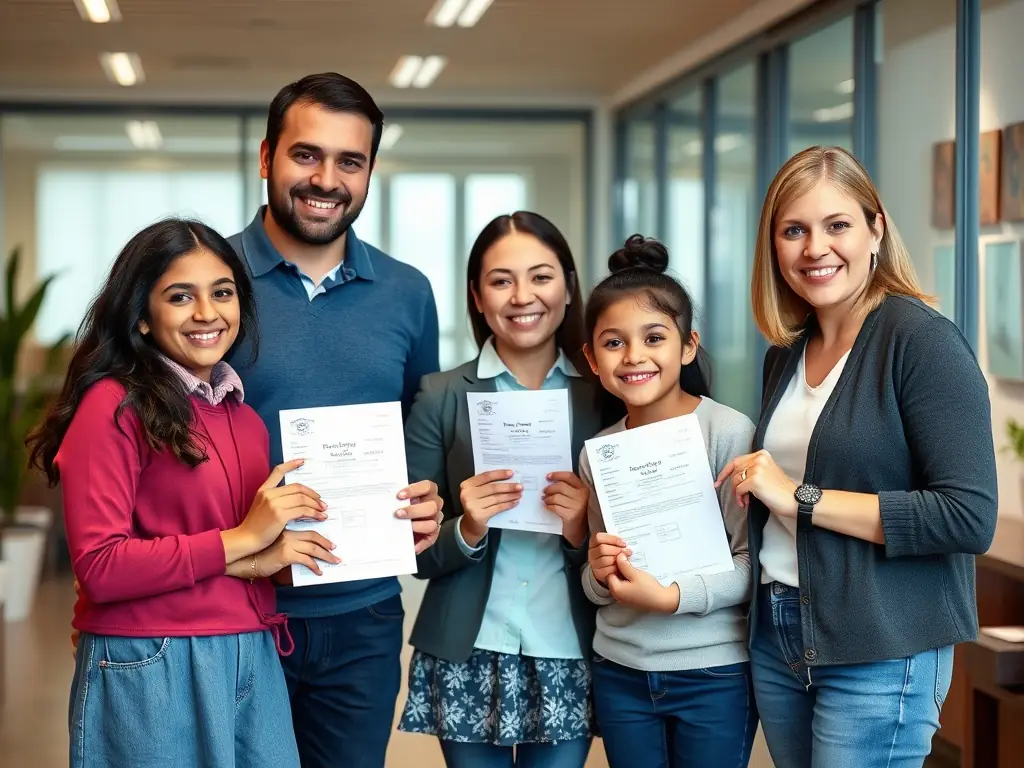 A family celebrating their new permanent residency status with a consultant in a welcoming office.