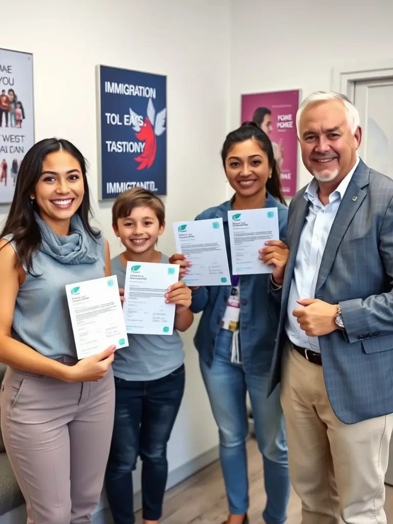 A family celebrating their new permanent residency status with a consultant in a bright living room.