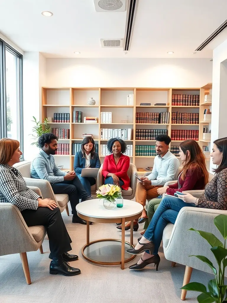 A diverse group of clients discussing immigration options with a consultant in an open office.