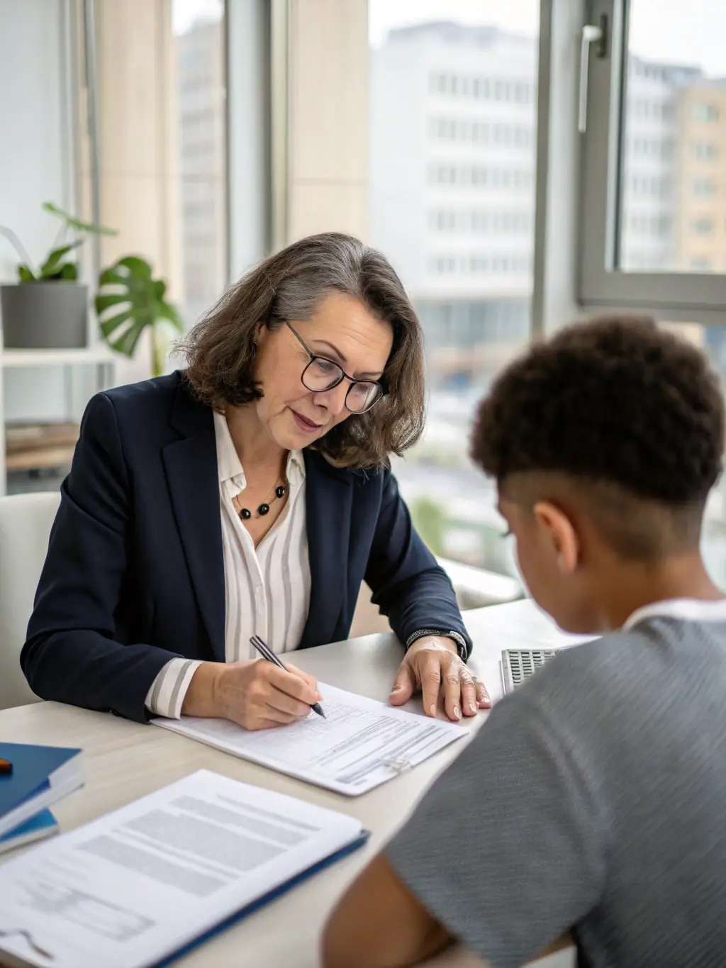 A consultant assisting a client with citizenship paperwork in a modern office.